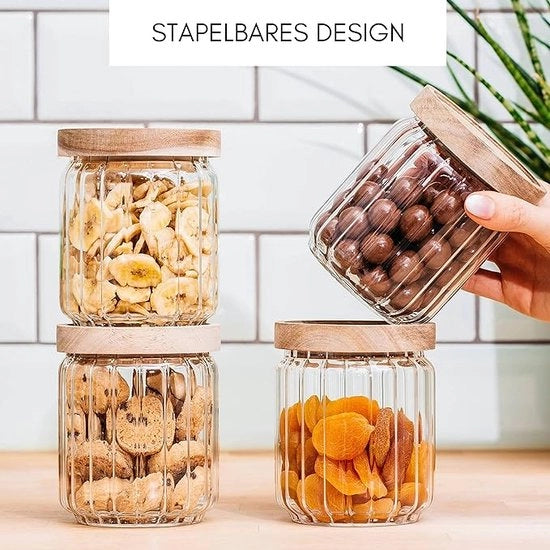 Set di contenitori a stivello con coperchio (500 ml, 4 pezzi), contenitori a chiusura ermetica con coperchio in legno, set di contenitori per la conservazione, contenitori in vetro, set, contenitori a rete.