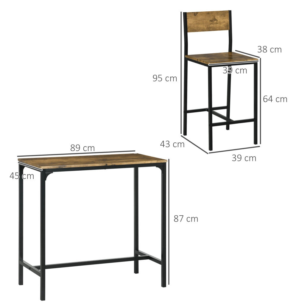 Set da Bar 3 Pezzi con Tavolo Alto e 2 Sgabelli in MDF e Metallo, Resistente e Pratico per Casa e Cucina, Marrone