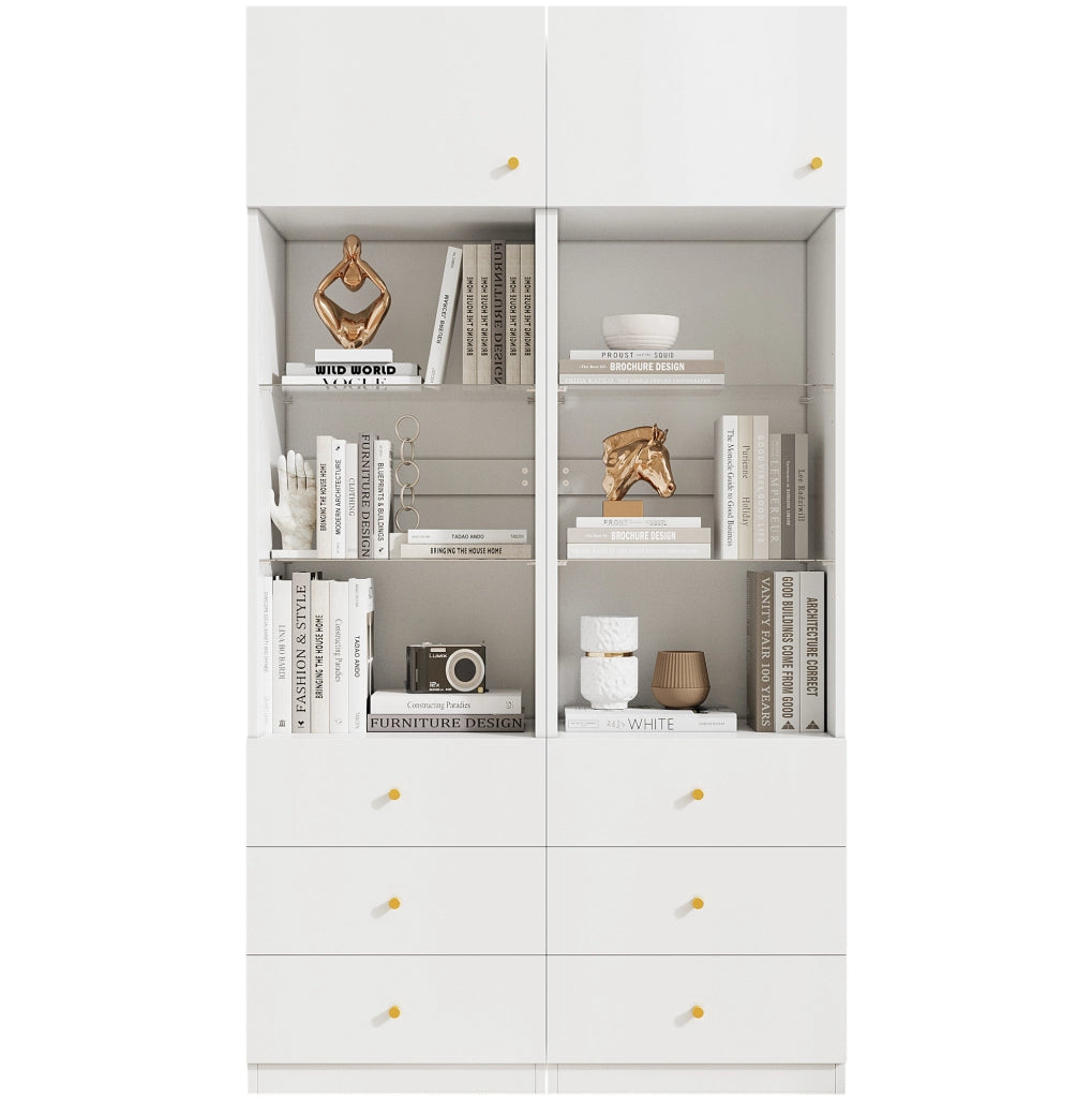 Set di 2 vetrine 50x40x180 cm con cassetti e ripiani in vetro, in MDF bianco