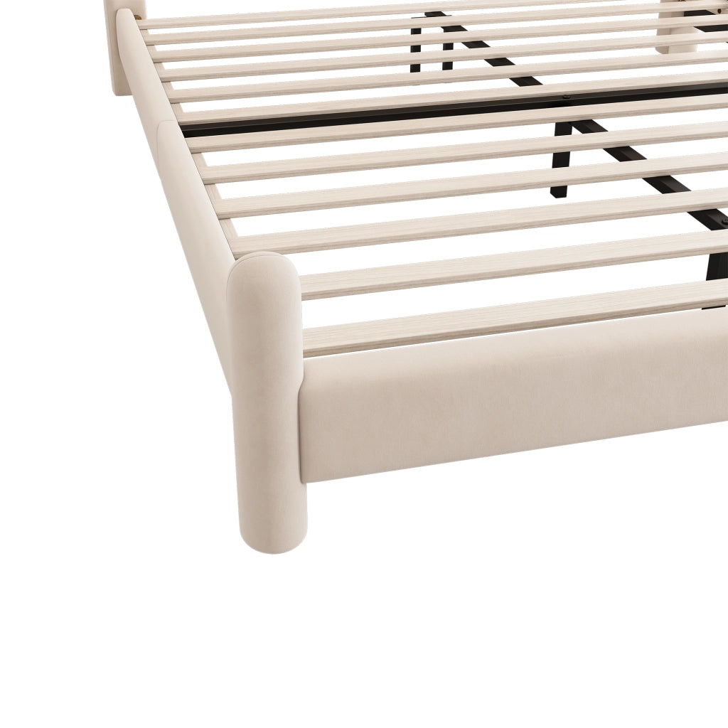 OKWISH Letto Imbottito 180×200 cm, Letto Matrimoniale con Testiera Ondulata e Piedini Cilindrici, senza Materasso, in Velluto, Beige