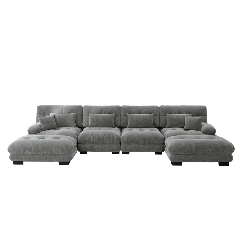 Set di divani modulari con ottomani mobili in ciniglia grigia; 406 × 145 × 81 cm