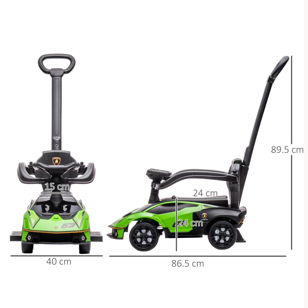 Lamborghini Macchinina per Bambini 2 in 1 con Maniglione e Barriera di Sicurezza, Volante e Clacson, Auto per Bambini in PP e Metallo, 86.5x40x89.5 cm, Verde e Nero