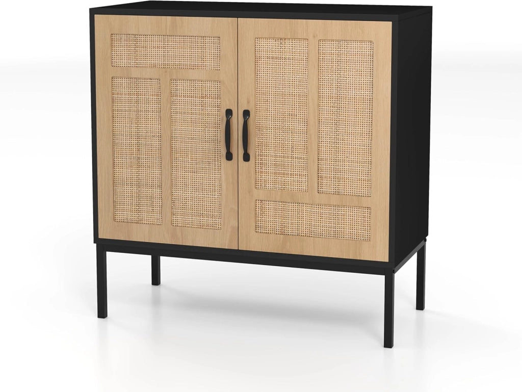 Credenza Cucina con 2 Ante in Rattan, Ripiano Regolabile in 3 Posizioni, Gambe in Metallo, Kit Antiribaltamento, Mobile Cucina Dispensa, Mobiletto per Soggiorno, Sala da Pranzo (Naturale)
