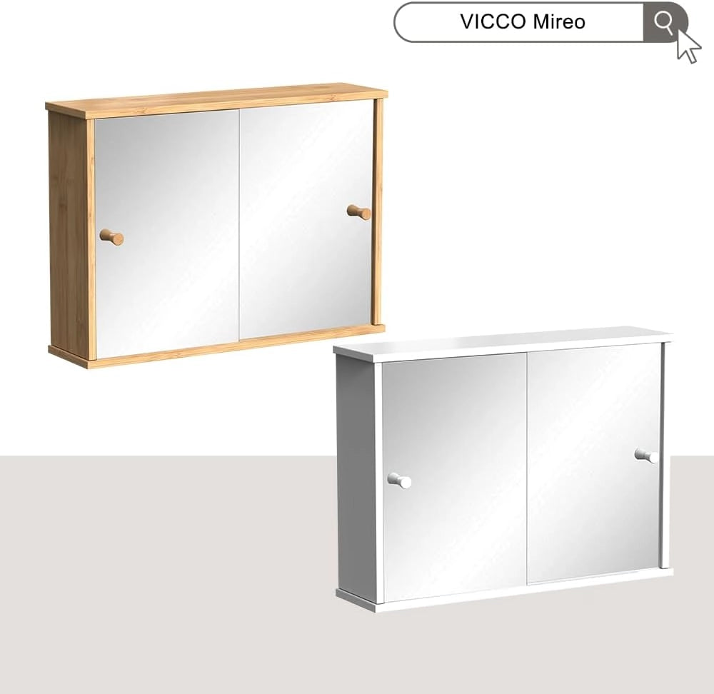 Specchio contenitore bagno Mireo, Bambù, 55 x 40 cm con 2 porte scorrevoli