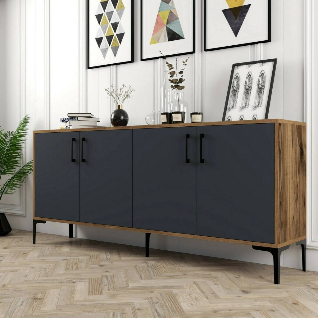 Credenza Agape, Buffet da soggiorno, Madia da salotto, Dispensa da cucina, 180x35h78 cm, Noce e Antracite