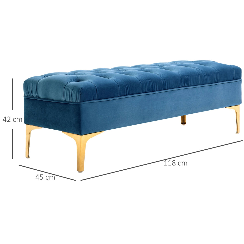 Letto contenitore imbottito ¨C zephmum ¨C Tessuto velluto, base metallo dorato, 118x45x42 cm, Blu