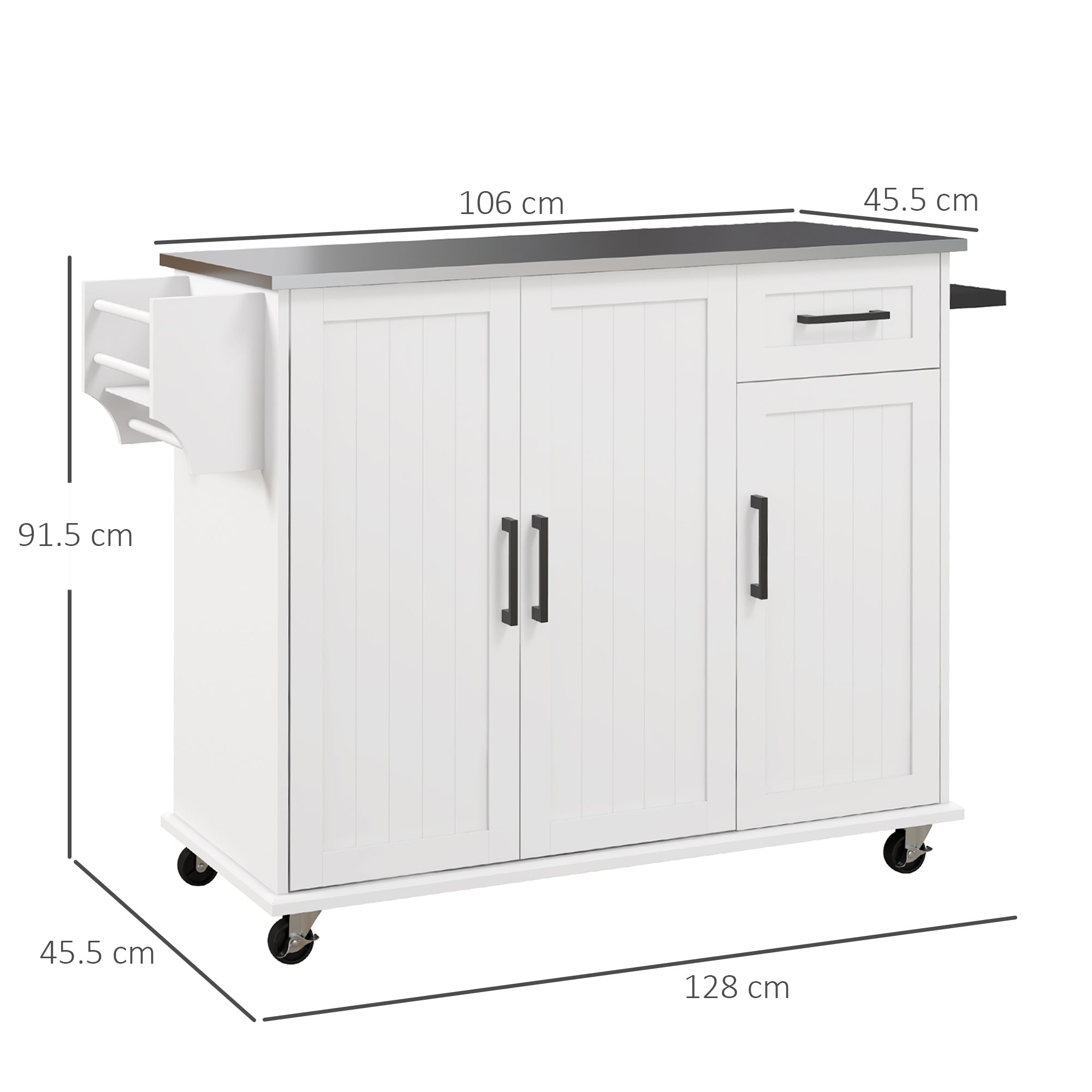 Carrello Isola da Cucina 128x45,5x91,5 cm in MDF e Acciaio Inox Bianco