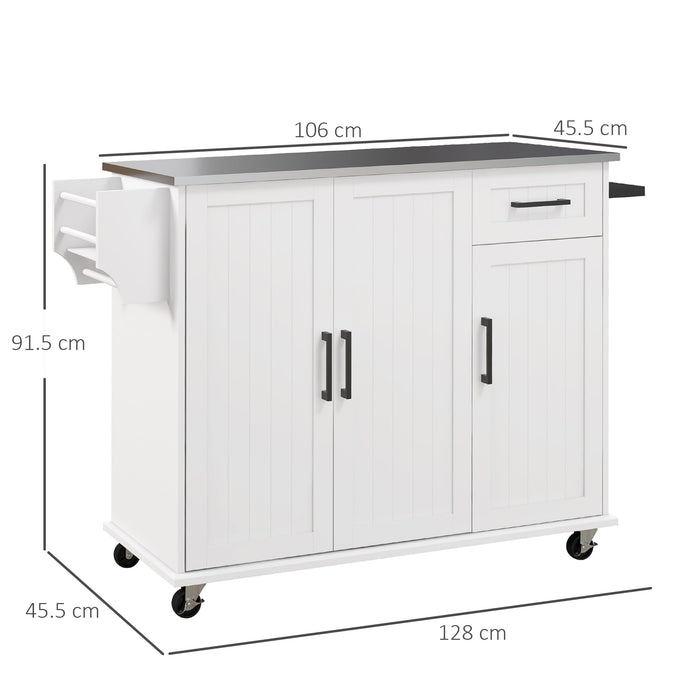 Carrello Isola da Cucina 128x45,5x91,5 cm in MDF e Acciaio Inox Bianco