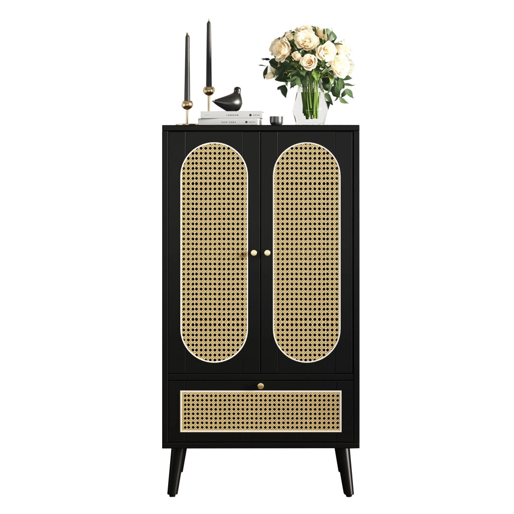 Credenza Alta con 2 Ante e 1 Cassetto; Frontali Effetto Rattan; Stile Moderno; in Pannelli di Particelle; Nero; 60¡Á40¡Á110;5 cm
