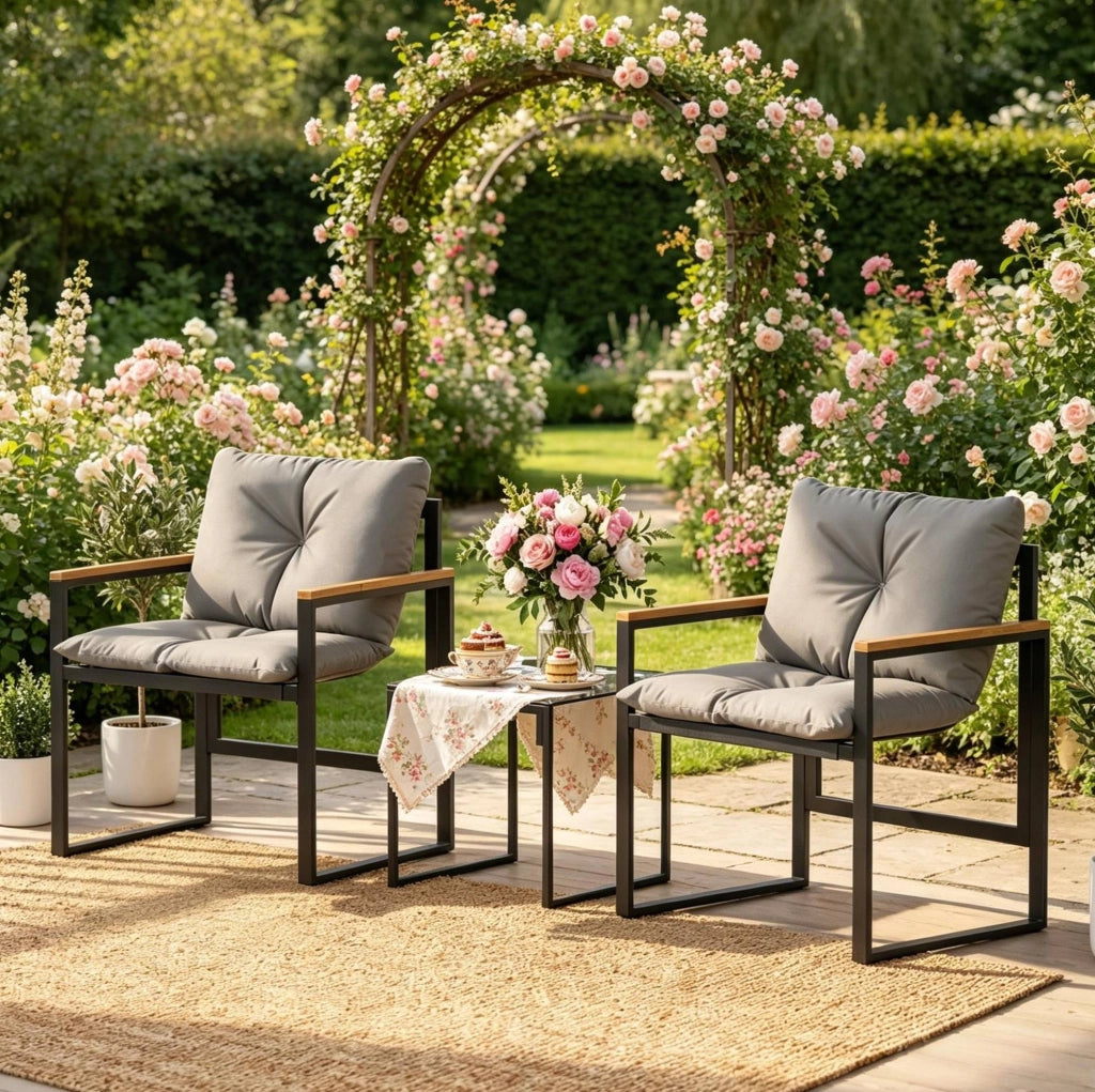 Set da giardino 3 pezzi con 2 sedie e tavolino in metallo nero e grigio; 64x62x68 cm