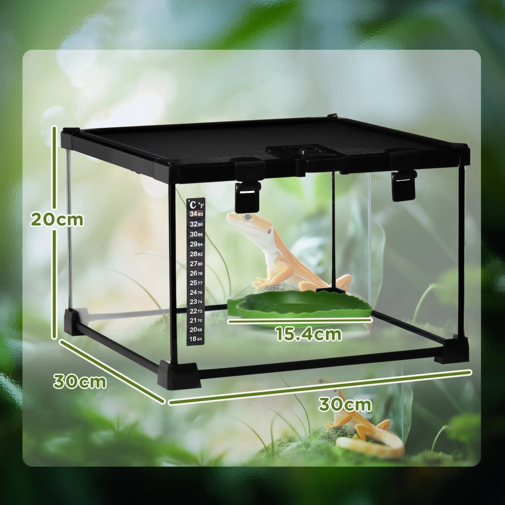 Terrario per Rettili 30x30x20 cm Rialzato con Serratura e Termometro in Vetro e Rete Metallica Nero