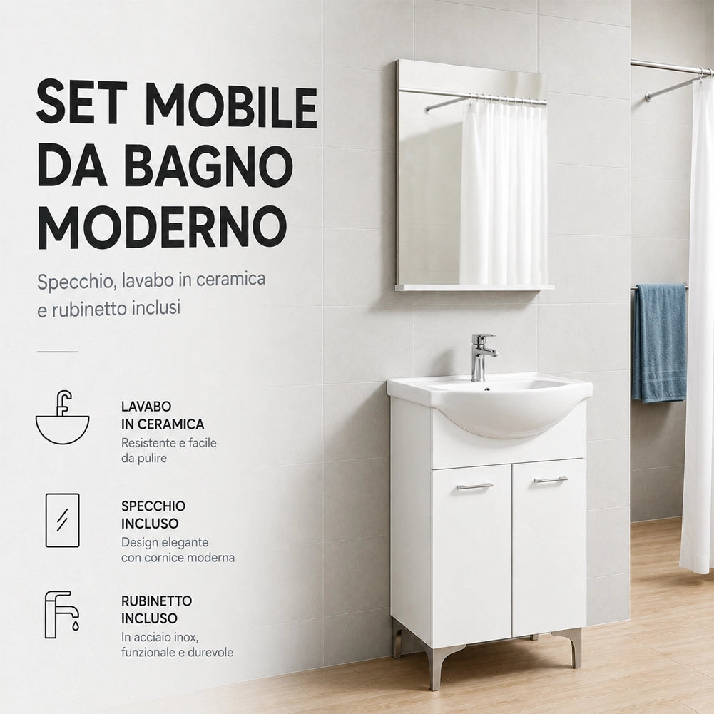 Set Completo Mobile da Bagno da Terra 55 cm Due Ante Bianco Specchio e Accessori