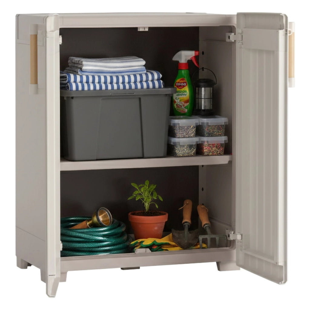 Armadio da esterno Melville, Mobile outdoor, Mobiletto giardino multiuso, Contenitore per balcone o garage, Made in Italy, 80x45 h98 cm, Sabbia