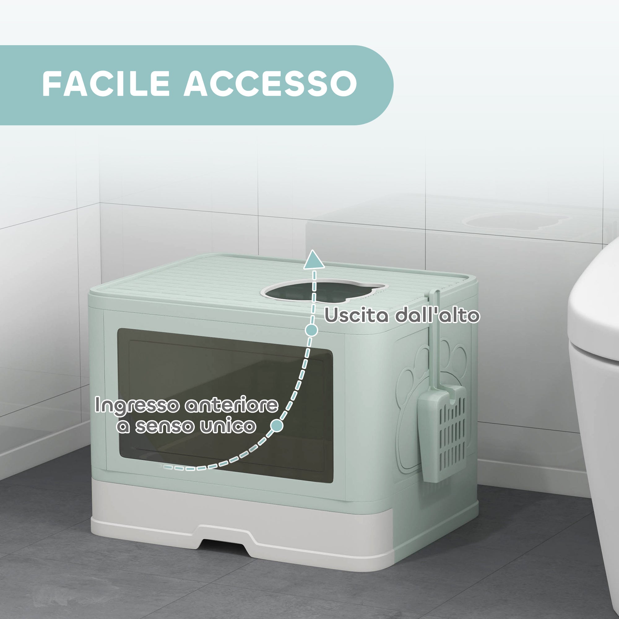 Lettiera per Gatti Chiusa Doppia Entrata con Paletta e Spazzola Integrata Verde