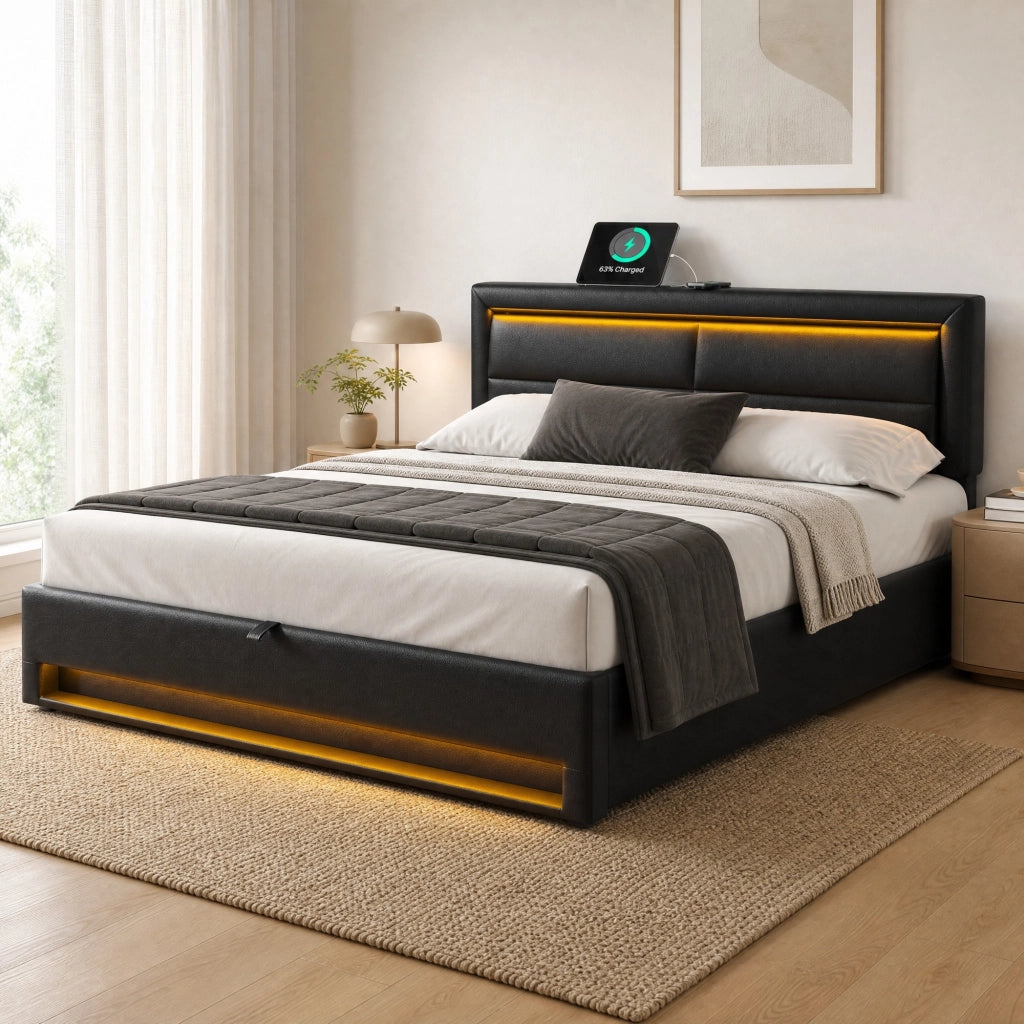 Letto imbottito 140 x 200 cm con USB, LED, contenitore, struttura a doghe, PU nero