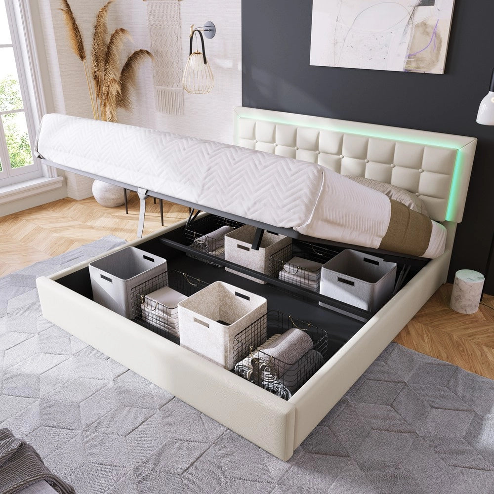 Letto Contenitore Imbottito con LED ¨C MINIMAL ¨C Similpelle Bianco 180x200