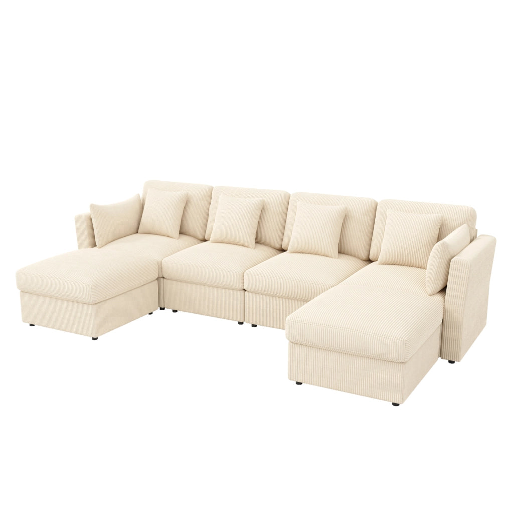 Divano modulare 4-6 posti in velluto a coste beige con pouf