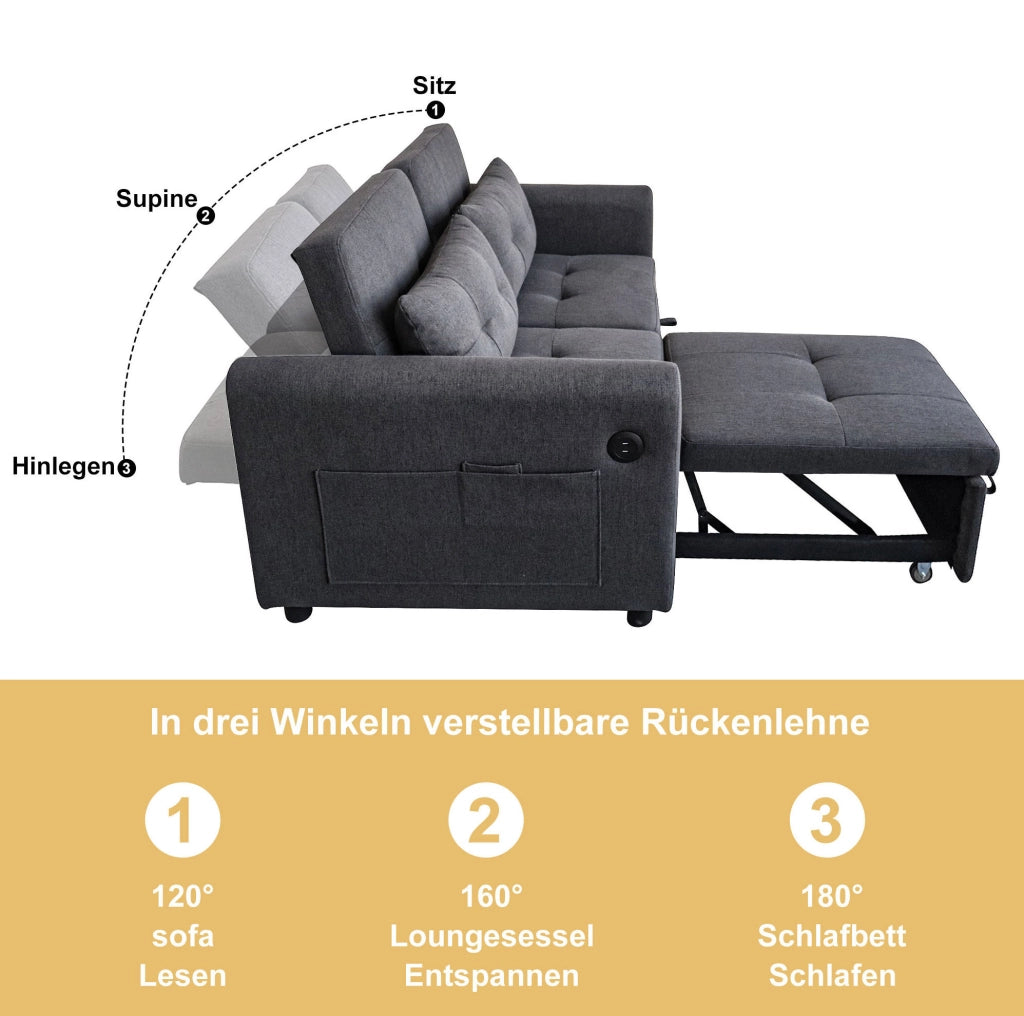 Divano letto 3 in 1 grigio con schienale regolabile, porte USB e 2 cuscini