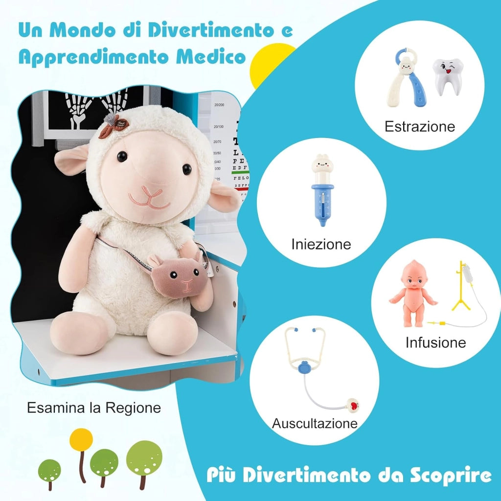 Set Gioco Dottore per Bambini, Gioco di Ruolo Medico in Legno con Stetoscopio, Radiografie, Monitor ECG, Tabella Oculistica e 29 Accessori, Medico Giocattolo per Bambini 3+ Anni (Blu)