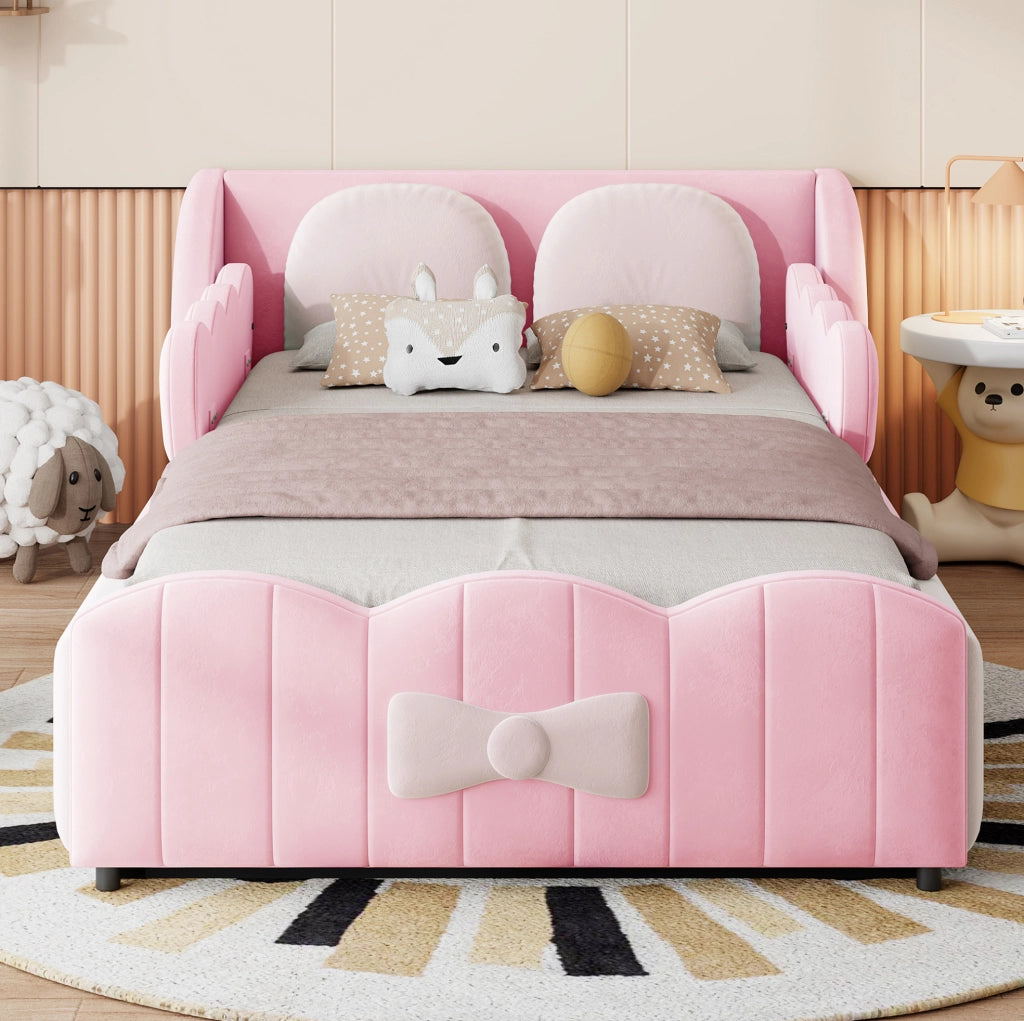 Letto singolo imbottito per bambini 90x200 cm in velluto rosa con contenitore idraulico