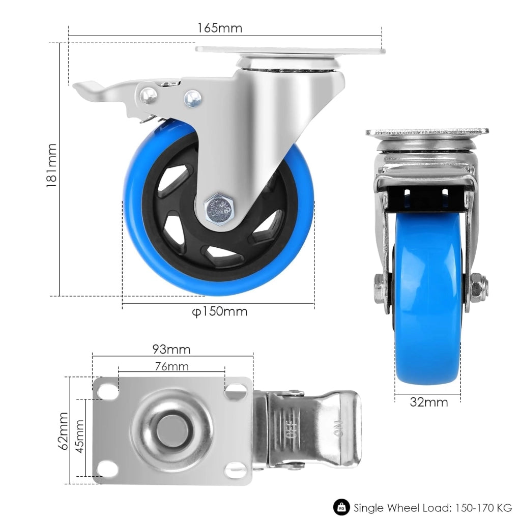 Ruote per Mobili 125/100 mm, Rotelle Pesanti con 4 Freno, Capacità 1200 kg, Ruote Girevoli a 360°, per Spostare Mobili Piccole, Trasporto di Mobili Industriale e Logistica, Set di 8 (Azul, 100 mm)