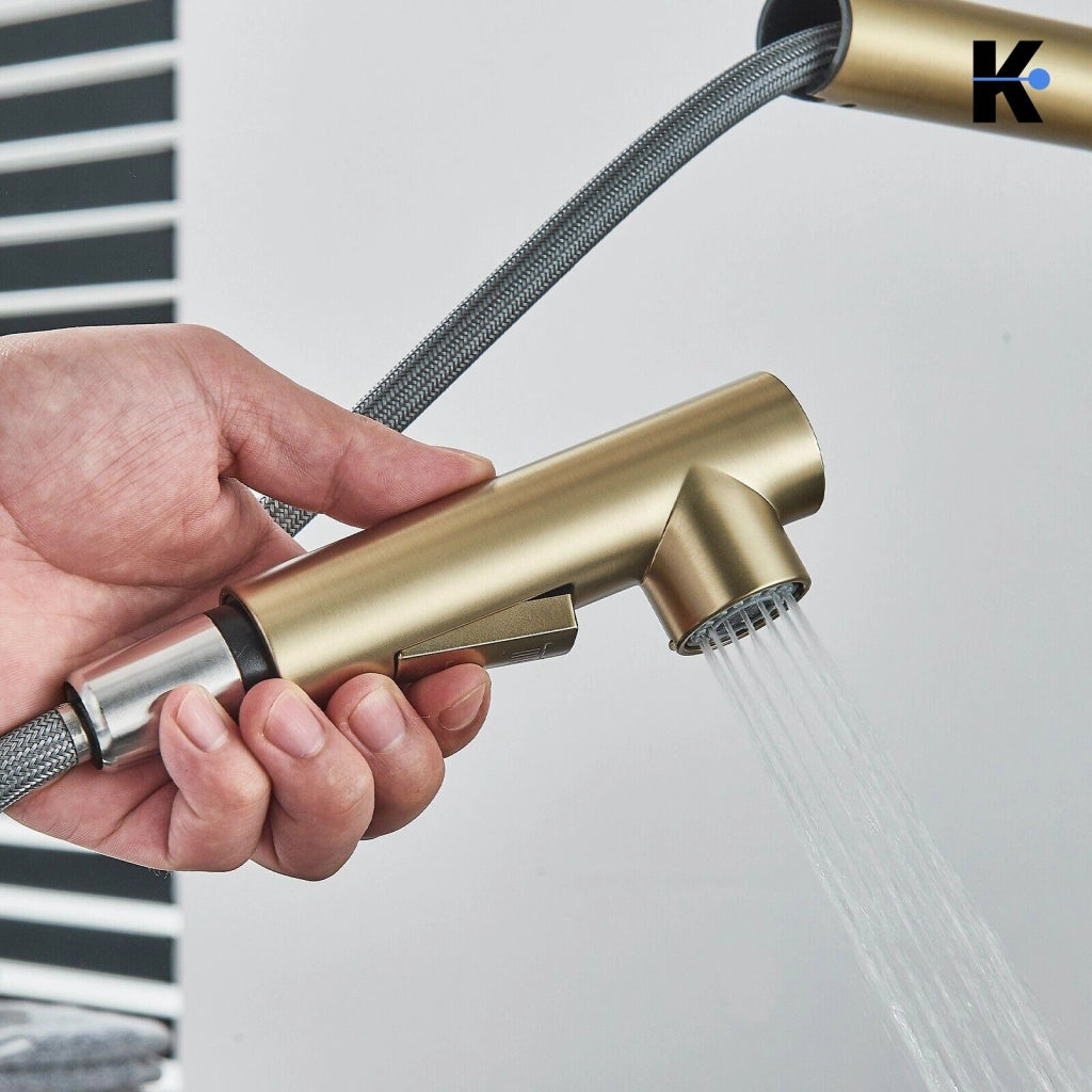 FELIX | rubinetto estraibile di alta qualità in acciaio inox oro opaco | miscelatore bocca dritta | rubinetto catering alta pressione 360° 2 attacchi
