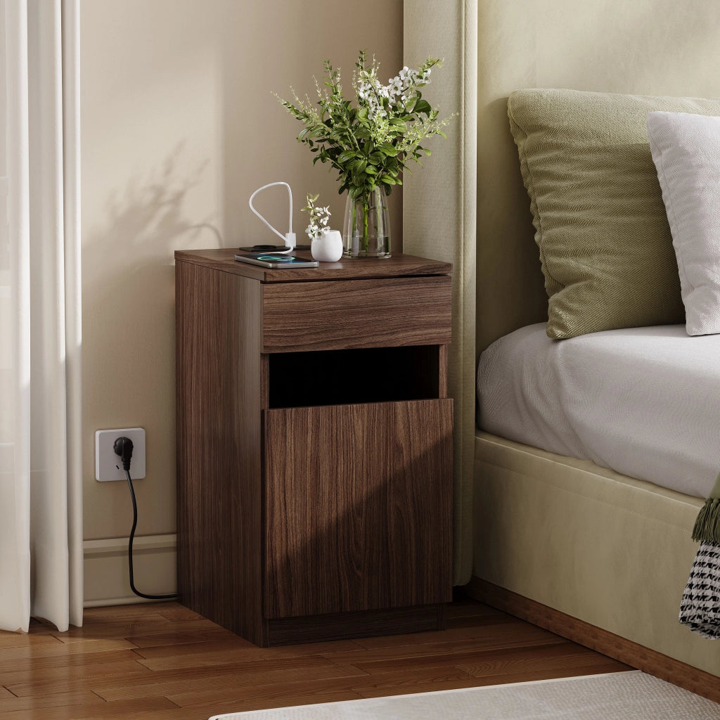 Comodino con Carica USB-A/USB-C e Presa Elettrica ¨C MINIMAL ¨C Noce, 33x40x61,5cm
