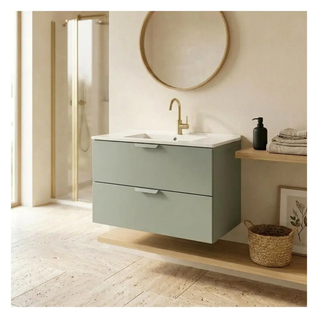 Set bagno sospeso OSTER 80cm: mobile sottolavabo con cassetti verde salvia + lavabo incassato bianco