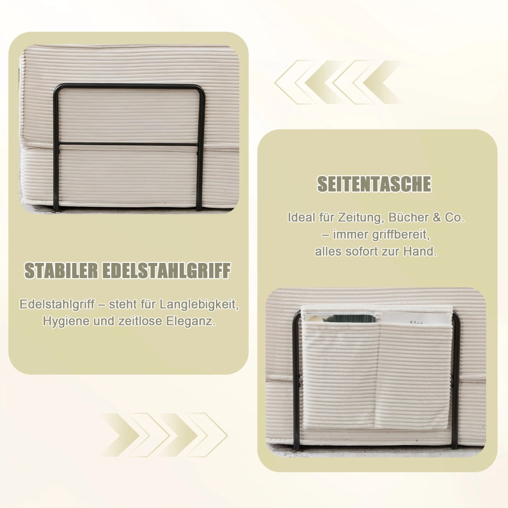 poltrona con pouf modulare con tasche laterali; 2 cuscini; design ergonomico in velluto a coste beige 162 Ã— 78 Ã— 66 cm