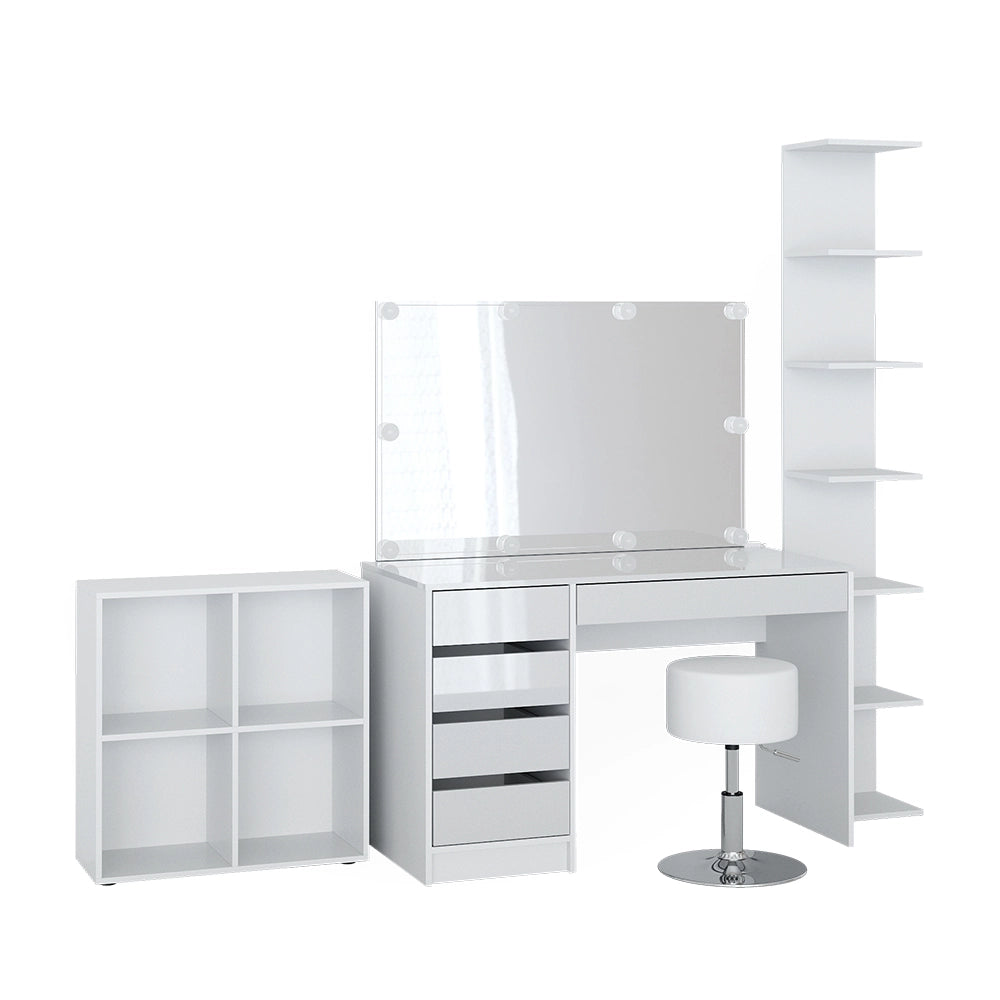 Vicco Tavolino da toilette Bianco 5 pezzi, con ripiano portaoggetti, ripiano in piedi, specchio, sgabello, LED