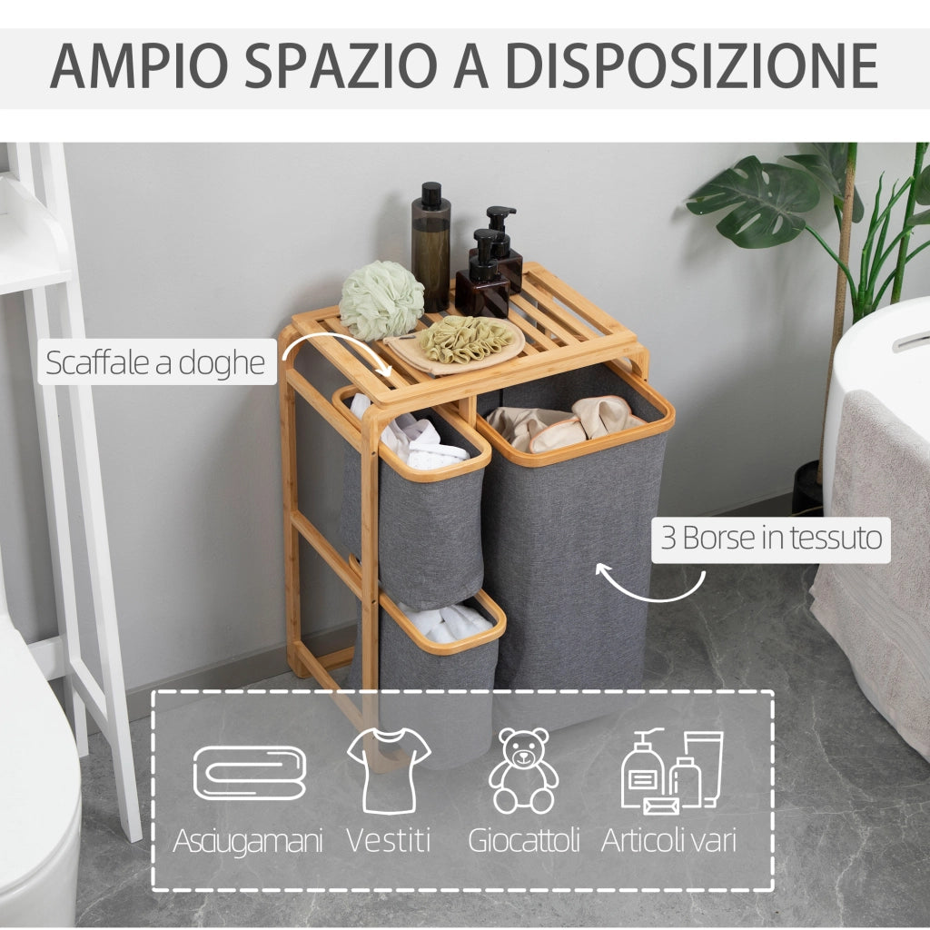 EasyComfort Cesto Portabiancheria con 3 Scomparti in Tessuto e Bambù, 50x32x69.7cm