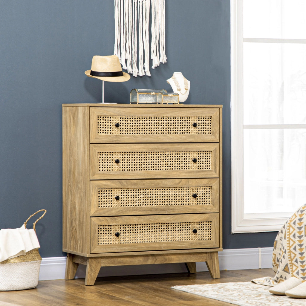 Cassettiera con 4 Cassetti in Stile Boho 80x35x95 cm Inserti in Rattan color Legno