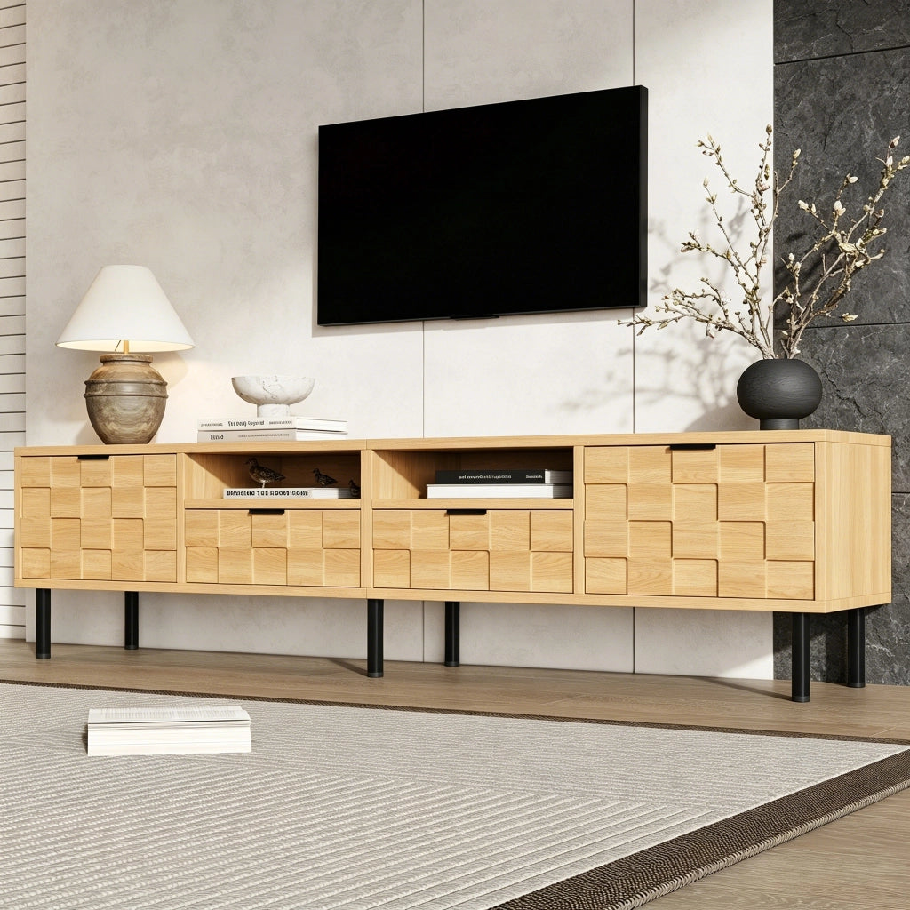 Mobile porta TV con 2 ante, 2 cassetti e 2 vani aperti per soggiorno in MDF e truciolato naturale 200 × 35 × 44,5 cm