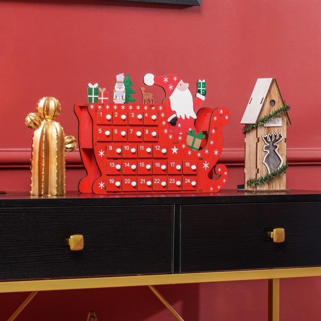 Calendario dell'Avvento Babbo Natale con Slitta ¨C zephmum ¨C 24 Scompartimenti, 22.5x8x36 cm, Rosso