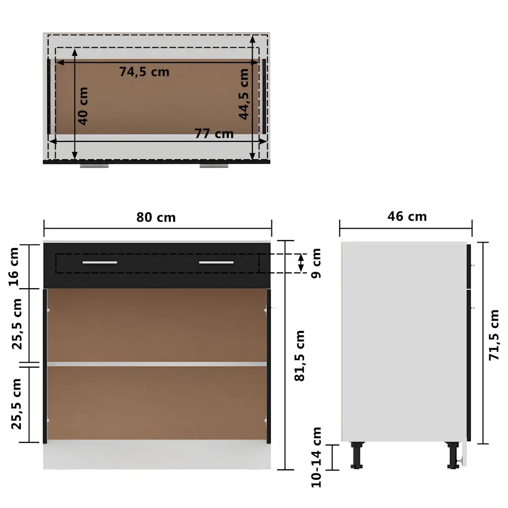 Pensile da cucina | Mobile Inferiore Cassetto ¡°Lyon¡± Nero 80x46x81,5 cm
