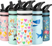 Biberon termico per bambini 420 ml, biberon in acciaio inossidabile con imbuto, libero da latticelli, BPA libero, per scuola, bambini piccoli, ragazzi e ragazze (bianco - cuori arcobaleno)