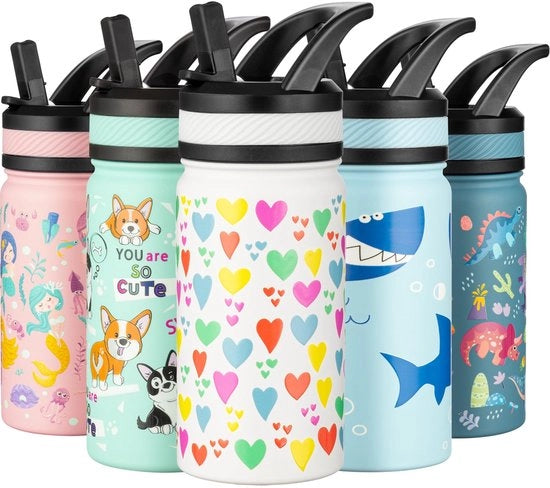 Biberon termico per bambini 420 ml, biberon in acciaio inossidabile con imbuto, libero da latticelli, BPA libero, per scuola, bambini piccoli, ragazzi e ragazze (bianco - cuori arcobaleno)