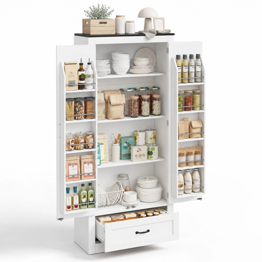 Armadio dispensa da cucina 80x35x183 cm con 2 ante e cassetto in MDF bianco