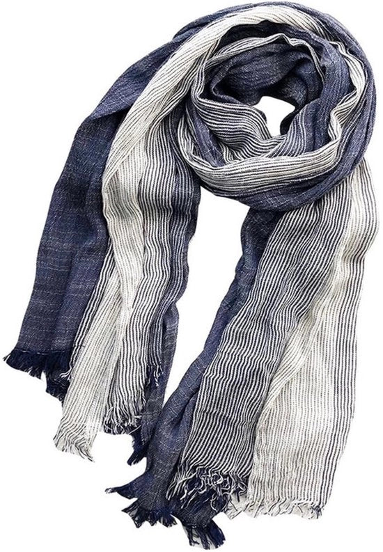 Sjaal per l'Inverno e la Primavera - Sjaal calda e morbida - Sjaal lunga in cotone con frange - Sjaal a strisce in cotone e lino - Unisex (75 x 190 cm) - Blu
