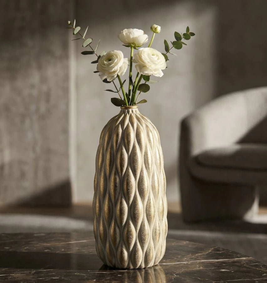 Vaso Pepitas Ø22x44 cm in Ceramica Grigio e Oro