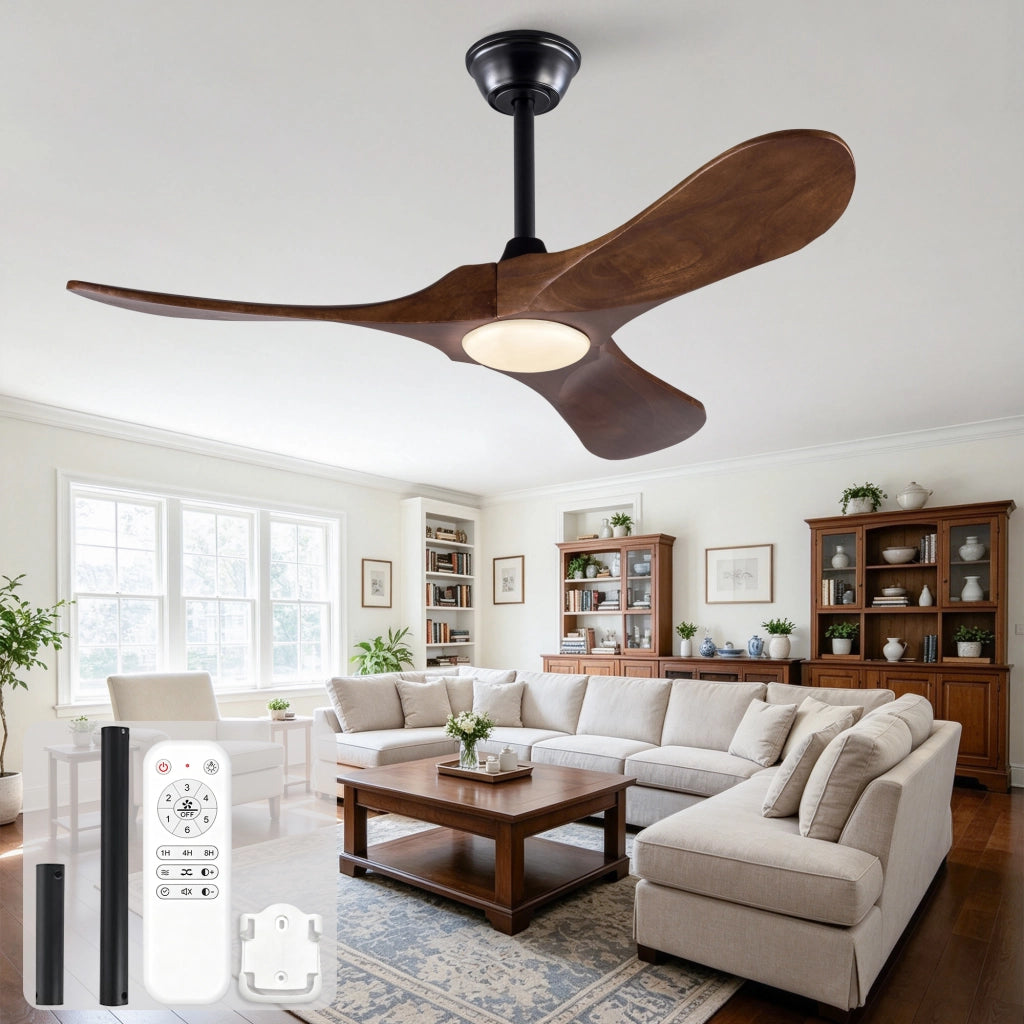 Ventilatore da soffitto 42 pollici con luce, 3 pale legno massello, 3CCT, motore DC silenzioso reversibile, telecomando, moderno
