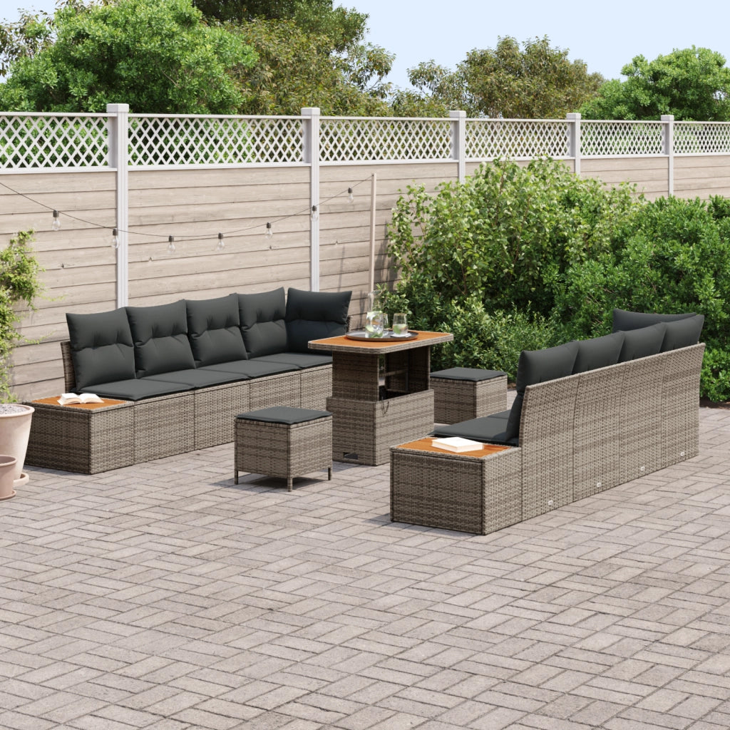 Set Divano da Giardino 11 Pezzi con Cuscini Grigio Polyrattan Acacia