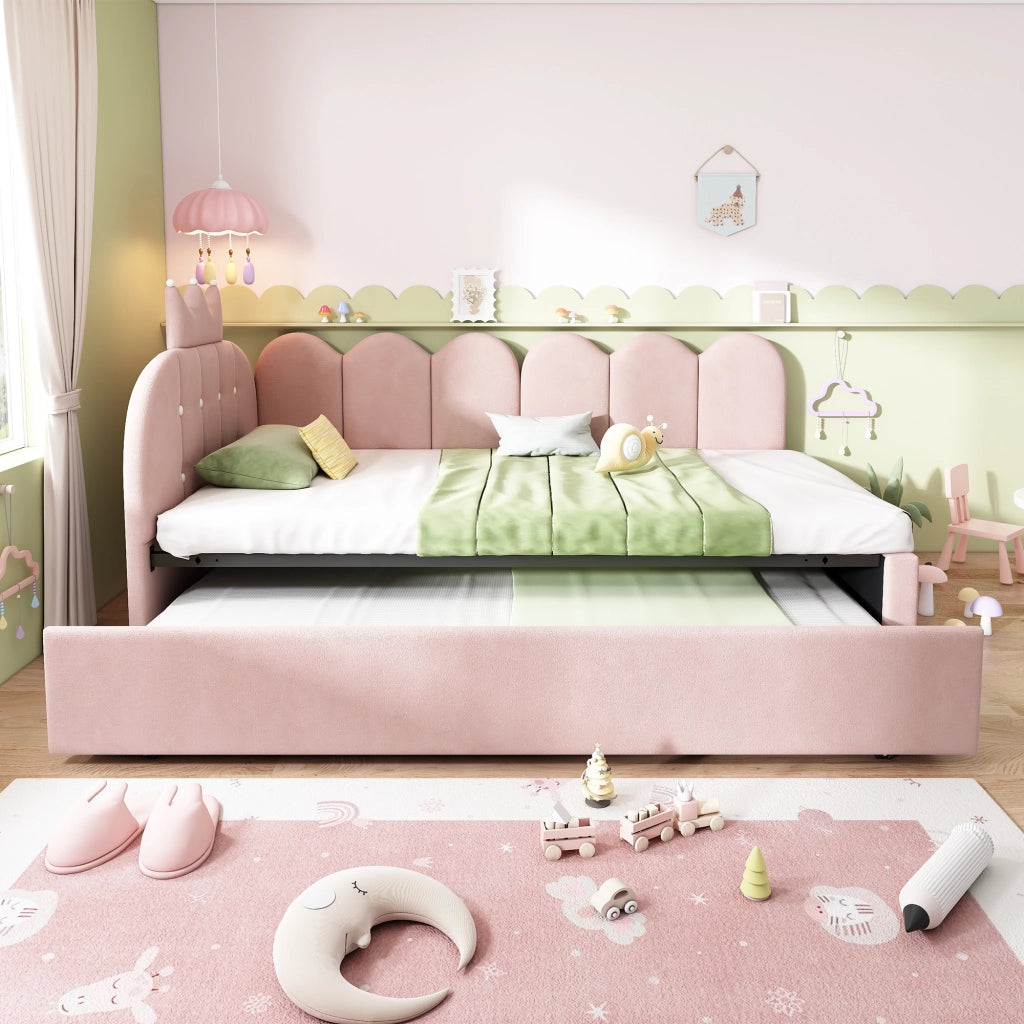 Letto daybed con letto estraibile 90x200 cm in velluto rosa, design corona, per cameretta e ospiti