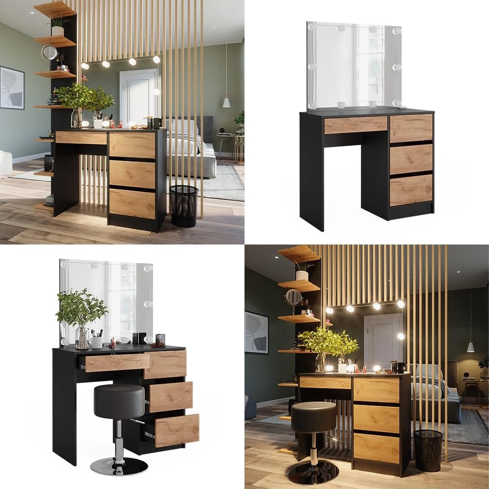 Tavolo da toilette Sherry, Antracite/quercia dorata, 90 x 75 cm con specchio e illuminazione a LED, sgabello regolabile in altezza con funzione girevole a 360° per adattamento della seduta