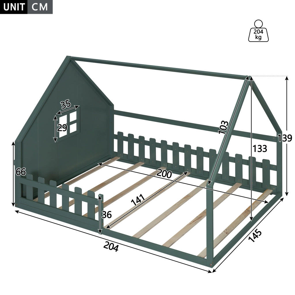 DESMIU Letto per Bambini Letto a Casetta 140 × 200 cm 2 Posti con Sponde, Senza Materasso, in Pino e MDF, Verde