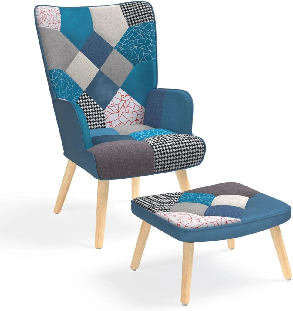 IVAR Poltrona scandinava con poggiapiedi in tessuto patchwork e velluto blu