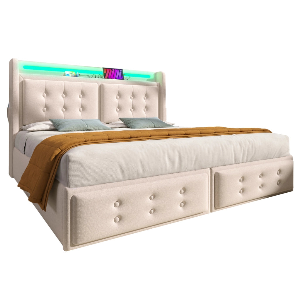 Letto matrimoniale 180x200 cm con contenitore; testiera LED e prese USB-C; beige