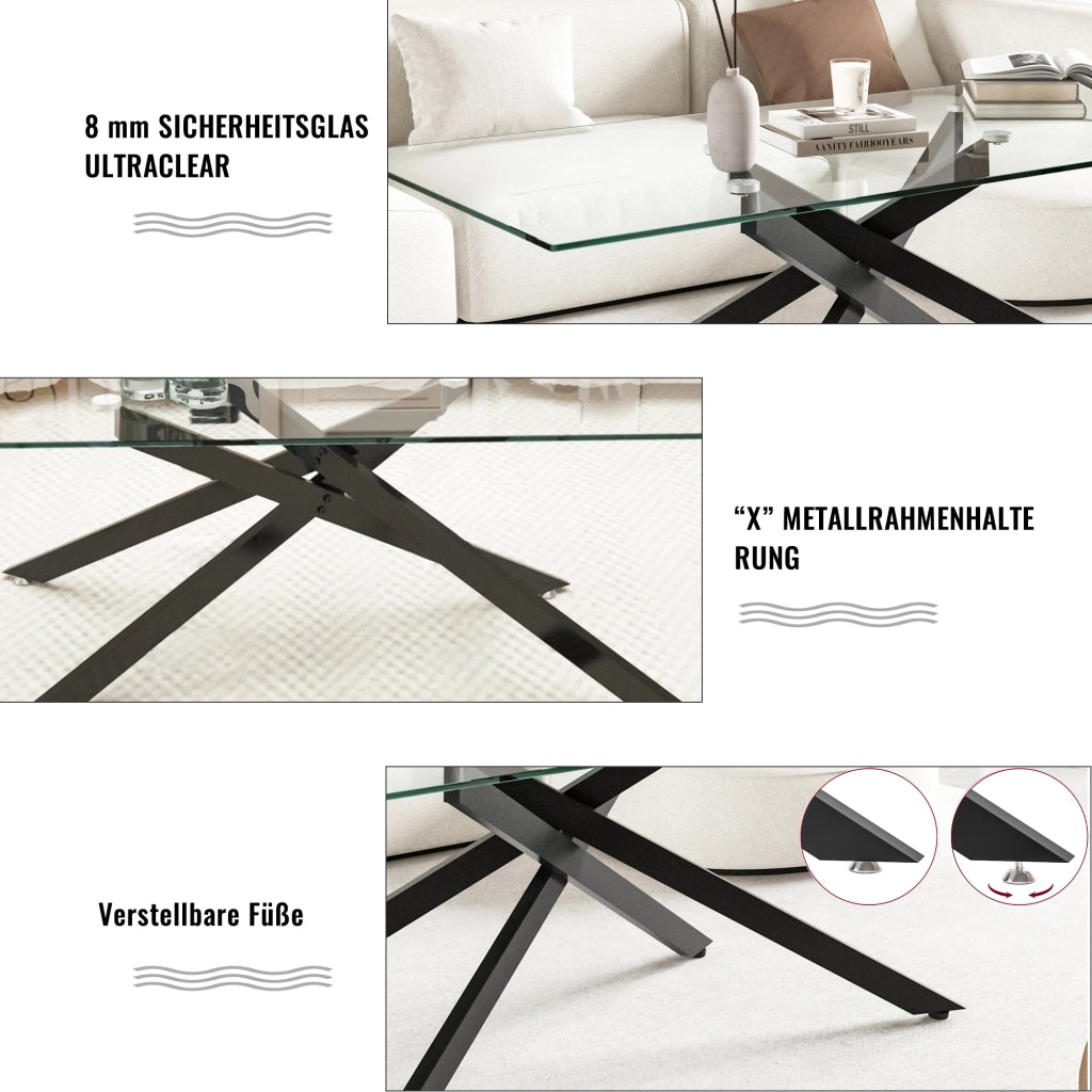 Tavolino basso in vetro temperato con struttura in metallo nero per soggiorno moderno rettangolare 120 × 60 × 46 cm