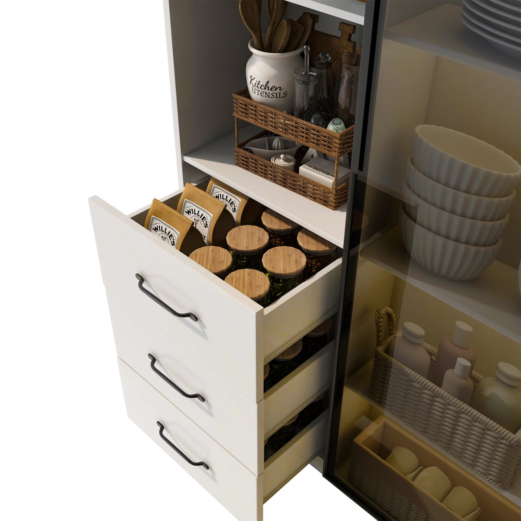 OKWISH Vetrina con 1 Anta in Vetro, 3 Cassetti e 3 Vani Aperti, LED Multicolore, per Soggiorno o Cucina, 80×40×160 cm