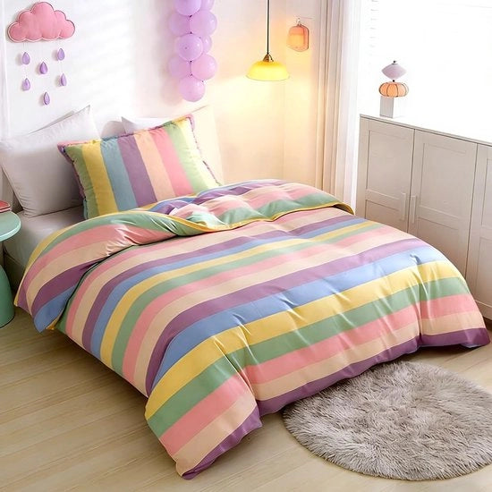 Set di coperte per lettino 135 x 200 cm, coperte per letto femminile, multicolore, strisce arcobaleno, coperta per letto con cuscino 80 x 80 cm, camera da letto, regali per bambini